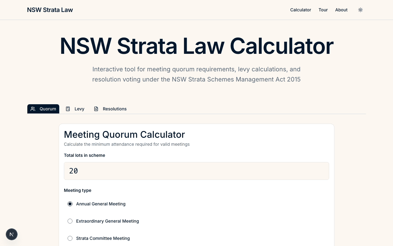 Meeting quorum calculator showing input for total lots and meeting type selection