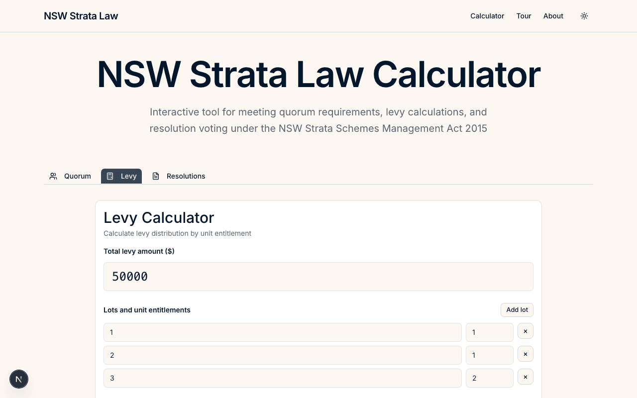 Levy calculator displaying unit entitlements and proportional distribution
